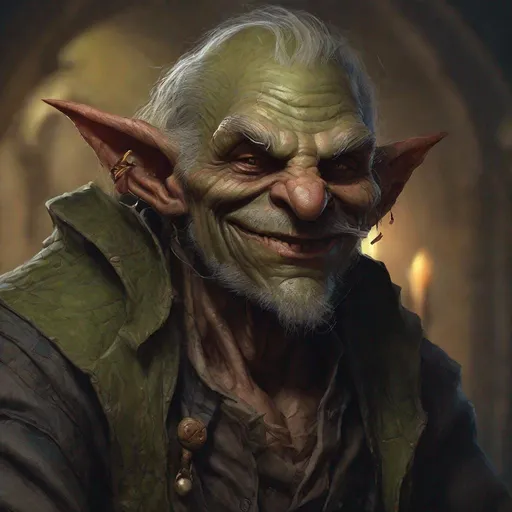 Prompt: Male goblin in his late 50ties from dungeons and dragons, not nice, facial hair of few weeks, thug, photoshop painting in the art style of Johaness Vess a masterpiece, 8k resolution, dark fantasy concept art, by Greg Rutkowski, dynamic lighting, hyperdetailed, intricately detailed, Splash screen art, trending on Artstation, deep color, Unreal Engine, volumetric lighting