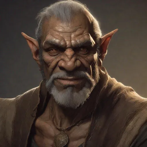 Prompt: Old Male half-orc with brown skin in his late 60ties from dungeons and dragons, nice face expression, facial hair of few weeks, skinny oldman, wrinkles, photoshop painting in the art style of Johaness Vess a masterpiece, 8k resolution, dark fantasy concept art, by Greg Rutkowski, dynamic lighting, hyperdetailed, intricately detailed, Splash screen art, trending on Artstation, deep color, Unreal Engine, volumetric lighting