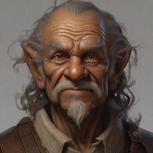 Prompt: Old Male halfling with brown skin in his late 60ties from dungeons and dragons, nice face expression, facial hair of few weeks, skinny oldman, wrinkles, photoshop painting in the art style of Johaness Vess a masterpiece, 8k resolution, dark fantasy concept art, by Greg Rutkowski, dynamic lighting, hyperdetailed, intricately detailed, Splash screen art, trending on Artstation, deep color, Unreal Engine, volumetric lighting