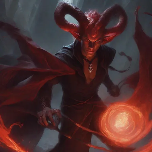 Prompt: A dark sorcerer, male tiefling with redish skin from dungeons and dragons, magic spell, head of the demon, demon, devil, magical, mystical, photoshop painting in the art style of charlie bowater a masterpiece, 8k resolution, dark fantasy concept art, by Greg Rutkowski, dynamic lighting, hyperdetailed, intricately detailed, Splash screen art, trending on Artstation, deep color, Unreal Engine, volumetric lighting