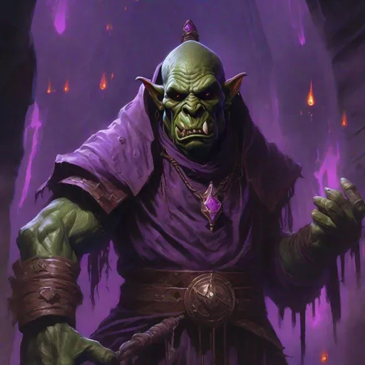 Prompt: cultist orc from dungeons and dragons, shaved face, full of scars, burned face, wearing robes with small violet ornaments,  photoshop painting in the art style of Johaness Vess a masterpiece, 8k resolution, dark fantasy concept art, by Greg Rutkowski, dynamic lighting, hyperdetailed, intricately detailed, Splash screen art, trending on Artstation, deep color, Unreal Engine, volumetric lighting