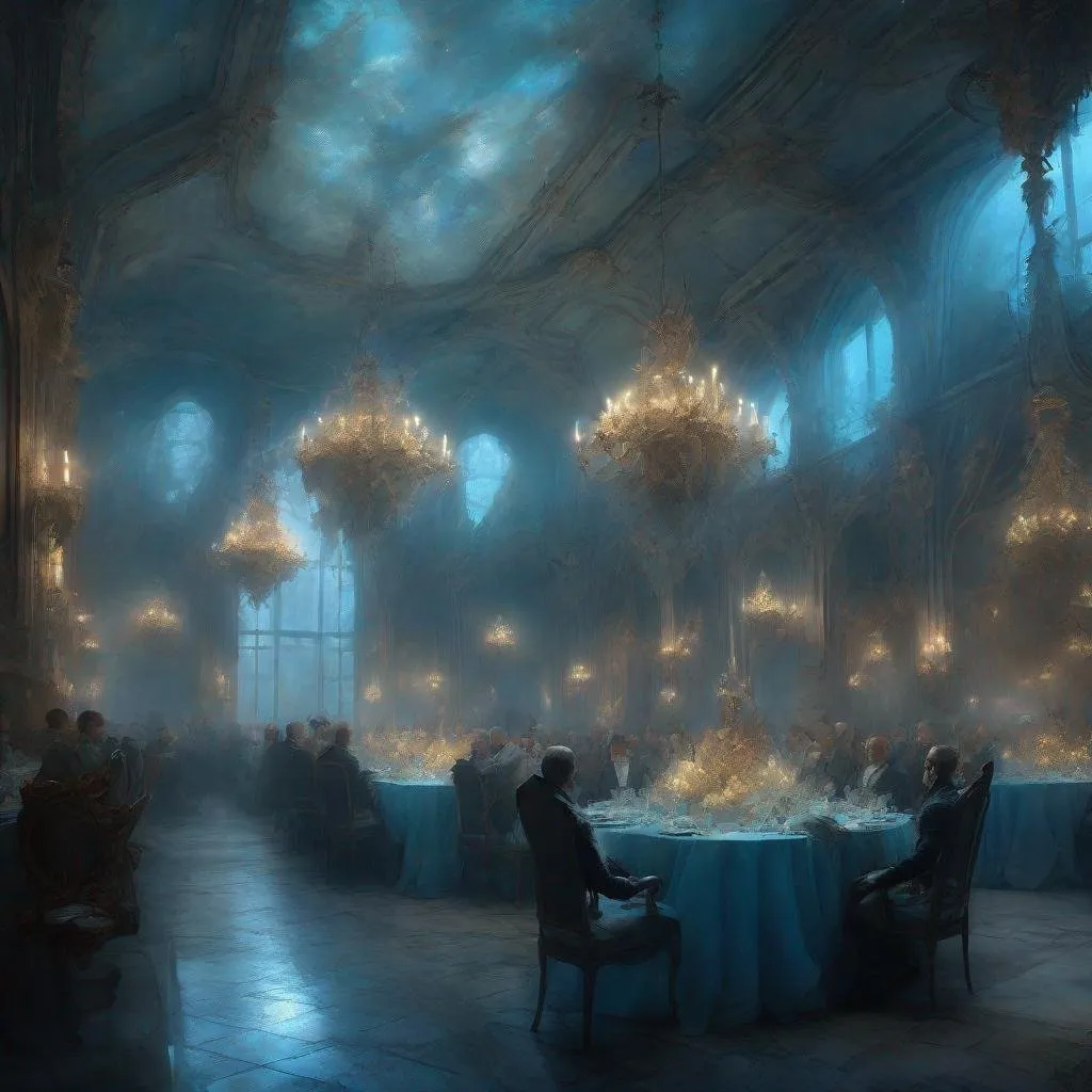 Prompt: Hyperrealistic fantasy banquet halls : full of elegantly dressed guests, detailed fantasy background, hyperdetailed, lightblue lightning; by Kim Keever Antoine Collignon Wadim Kashin Tim Burton Peter Mohrbacher, realism; incredible composition; dynamic_lighting; meticulously composed concept art, fascinating_stars, masterpiece, mystic fog, digital illustration, Reflections, cell-shaded, Volumetric_lighting"