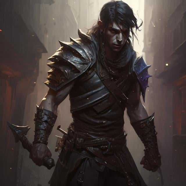 Prompt: A male thug, mercanary, human from dungeons and dragons, leather armor, photoshop painting in the art style of charlie bowater a masterpiece, 8k resolution, dark fantasy concept art, by Greg Rutkowski, dynamic lighting, hyperdetailed, intricately detailed, Splash screen art, trending on Artstation, deep color, Unreal Engine, volumetric lighting