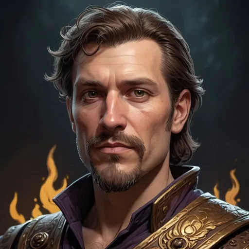 Prompt: Male noble human in his late thirties from dungeons and dragons, bronze haired, rude face with a smirk, facial hair of few weeks, one golden fake eye, magic spell, photoshop painting in the art style of Mike mignola's style a masterpiece, 8k resolution, intricately detailed, Splash screen art, trending on Artstation, deep color, Unreal Engine, volumetric lighting