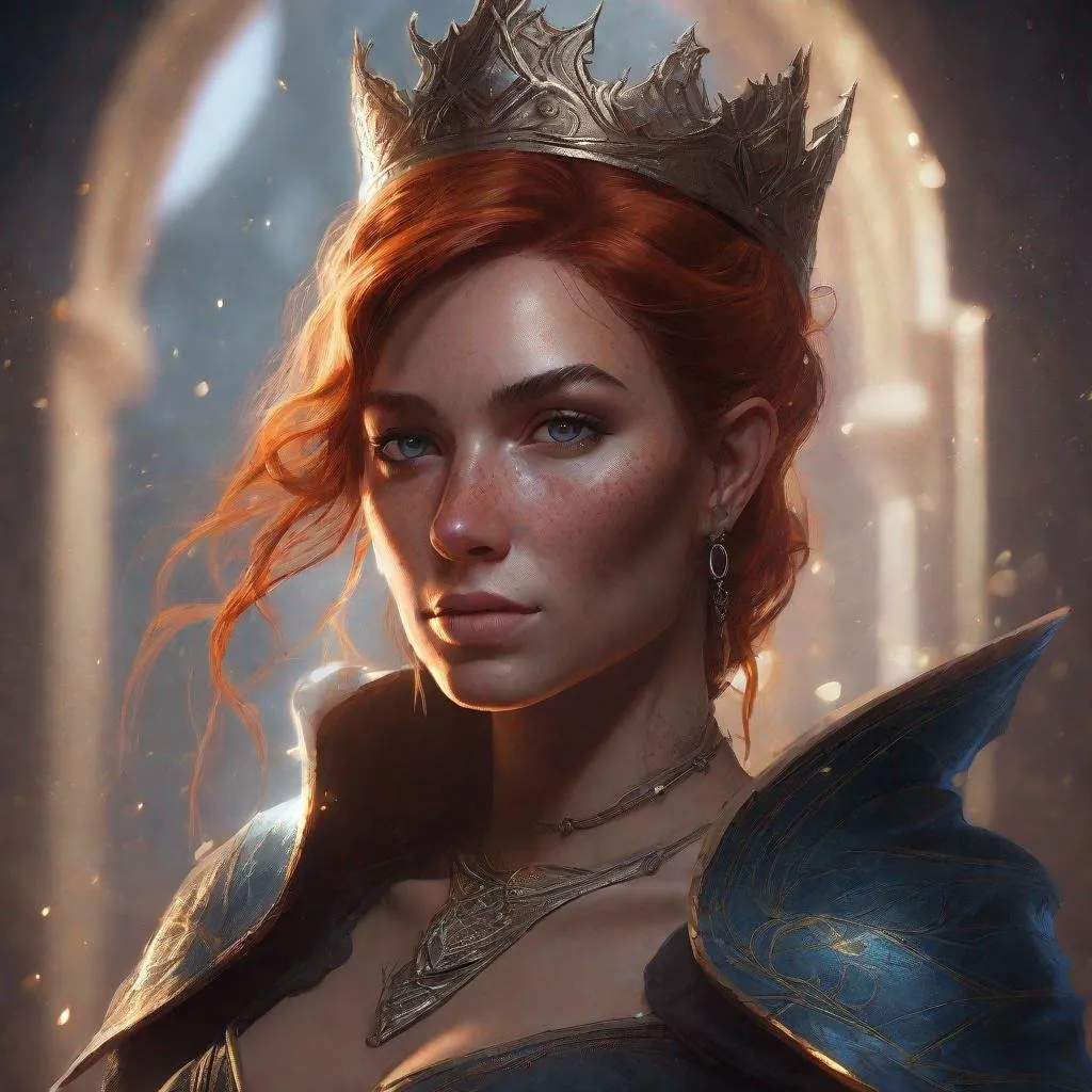 Prompt: female queen human from dungeons and dragons, kind face, with freckels, magic spell, photoshop painting in the art style of charlie bowater a masterpiece, 8k resolution, dark fantasy concept art, by Greg Rutkowski, dynamic lighting, hyperdetailed, intricately detailed, Splash screen art, trending on Artstation, deep color, Unreal Engine, volumetric lighting