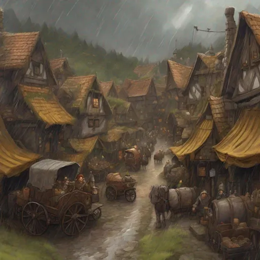 Prompt: Depict Center of a small village, with roads full of merchants, people, dwarves, gnomes and carriages filled with goods on a rainy day. Triboar from Forgotten Realms. Medium: Digital painting. Style: Light and cheerfull, reminiscent of classic fantasy tales. . Colors: Deep browns, grays, and greens, with occasional bursts of yellow from the sun. Season: Autumn with trees that have colorfull leaves. Composition: The village is bustling with activity, with merchants selling their wares on the road. The roads are filled with carriages. In the foreground, a group of PCs is being cornered by a gang of pirates,  The architecture is a mix of ramshackle wooden buildings and more sturdy stone structures, showing the town's evolution from a simple village