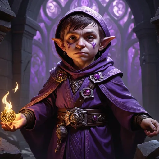 Prompt: cultist halfling from dungeons and dragons, wearing robes with violet ornaments,  photoshop painting in the art style of Johaness Vess a masterpiece, 8k resolution, dark fantasy concept art, by Greg Rutkowski, dynamic lighting, hyperdetailed, intricately detailed, Splash screen art, trending on Artstation, deep color, Unreal Engine, volumetric lighting