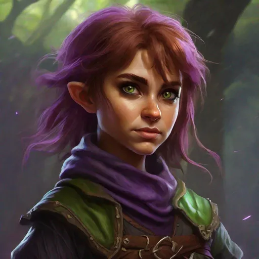 Prompt: Halfling, auburn colored hair, Female, small, olive skin, green and brown leather clothes, Sorceress, arcane, purple eyes, Halfling from dungeons and dragons, photoshop painting in the art style of Johannes Voss a masterpiece, 8k resolution, dark fantasy concept art, by Greg Rutkowski, dynamic lighting, hyperdetailed, intricately detailed, Splash screen art, trending on Artstation, deep color, Unreal Engine, volumetric lighting