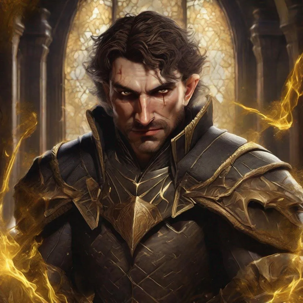 Prompt: Dark knight from dungeons and dragons, bronze haired, rude face with a smirk, facial hair of few weeks, one golden fake eye, magic spell, photoshop painting in the art style of dragon age inquisition tarot card, a masterpiece, 8k resolution, intricately detailed, Splash screen art, trending on Artstation, deep color, Unreal Engine, volumetric lighting