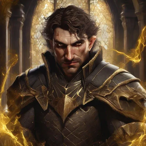 Prompt: Dark knight from dungeons and dragons, bronze haired, rude face with a smirk, facial hair of few weeks, one golden fake eye, magic spell, photoshop painting in the art style of dragon age inquisition tarot card, a masterpiece, 8k resolution, intricately detailed, Splash screen art, trending on Artstation, deep color, Unreal Engine, volumetric lighting