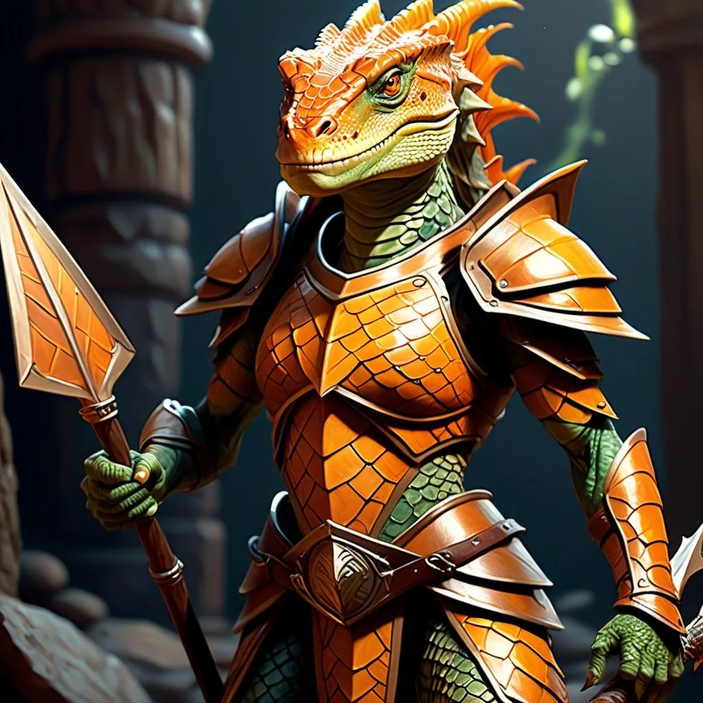 Prompt: Female lizardfolk in her 40ties from dungeons and dragons, orange scales, wearing full plate armor, holding great spear, photoshop painting in the art style of Johaness Vess a masterpiece, 8k resolution, dark fantasy concept art, by Greg Rutkowski, dynamic lighting, hyperdetailed, intricately detailed, Splash screen art, trending on Artstation, deep color, Unreal Engine, volumetric lighting