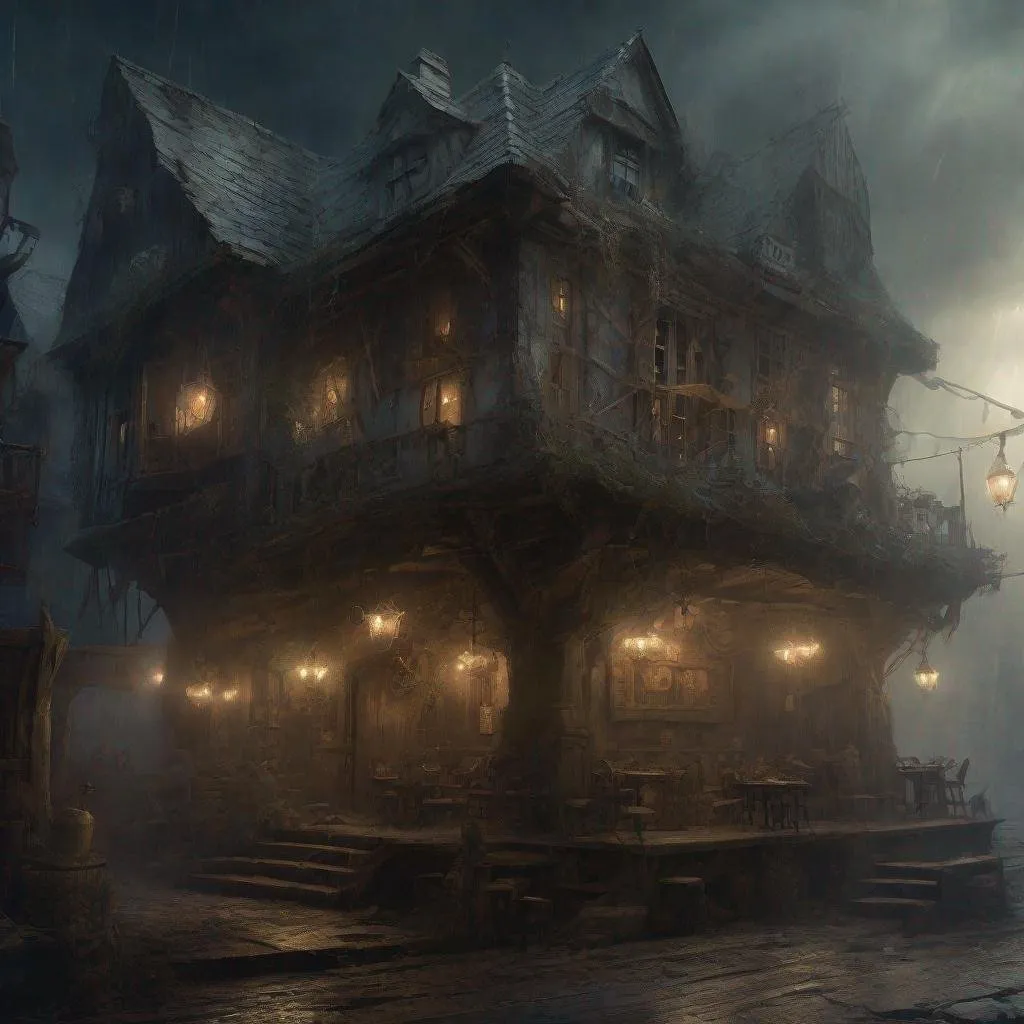 Prompt: Hyperrealistic fantasy nice tavern with multiple floors,  detailed fantasy background, hyperdetailed, dark lightning; by Kim Keever Antoine Collignon Wadim Kashin Tim Burton Peter Mohrbacher, realism; incredible composition; dynamic_lighting; meticulously composed concept art, fascinating_stars, masterpiece, mystic fog, digital illustration, Reflections, cell-shaded, Volumetric_lighting"