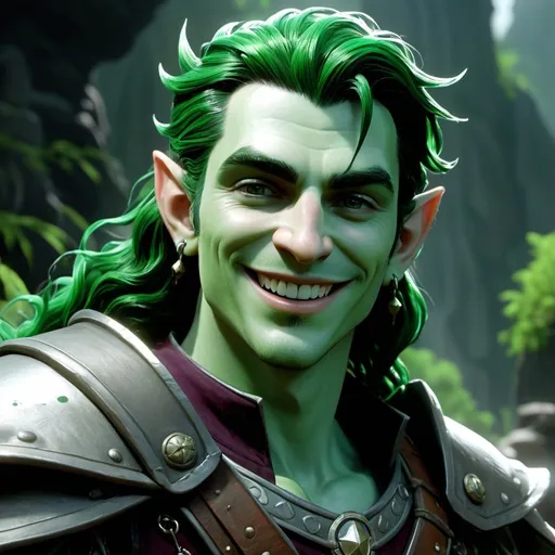 Prompt: Male water genasi with green skin colour, young bard from dungeons and dragons, smiling, green skin, clean shaved, medium length wavy dark green hair, photoshop painting in the art style of Johaness Vess a masterpiece, 8k resolution, dark fantasy concept art, by Greg Rutkowski, dynamic lighting, hyperdetailed, intricately detailed, Splash screen art, trending on Artstation, deep color, Unreal Engine, volumetric lighting