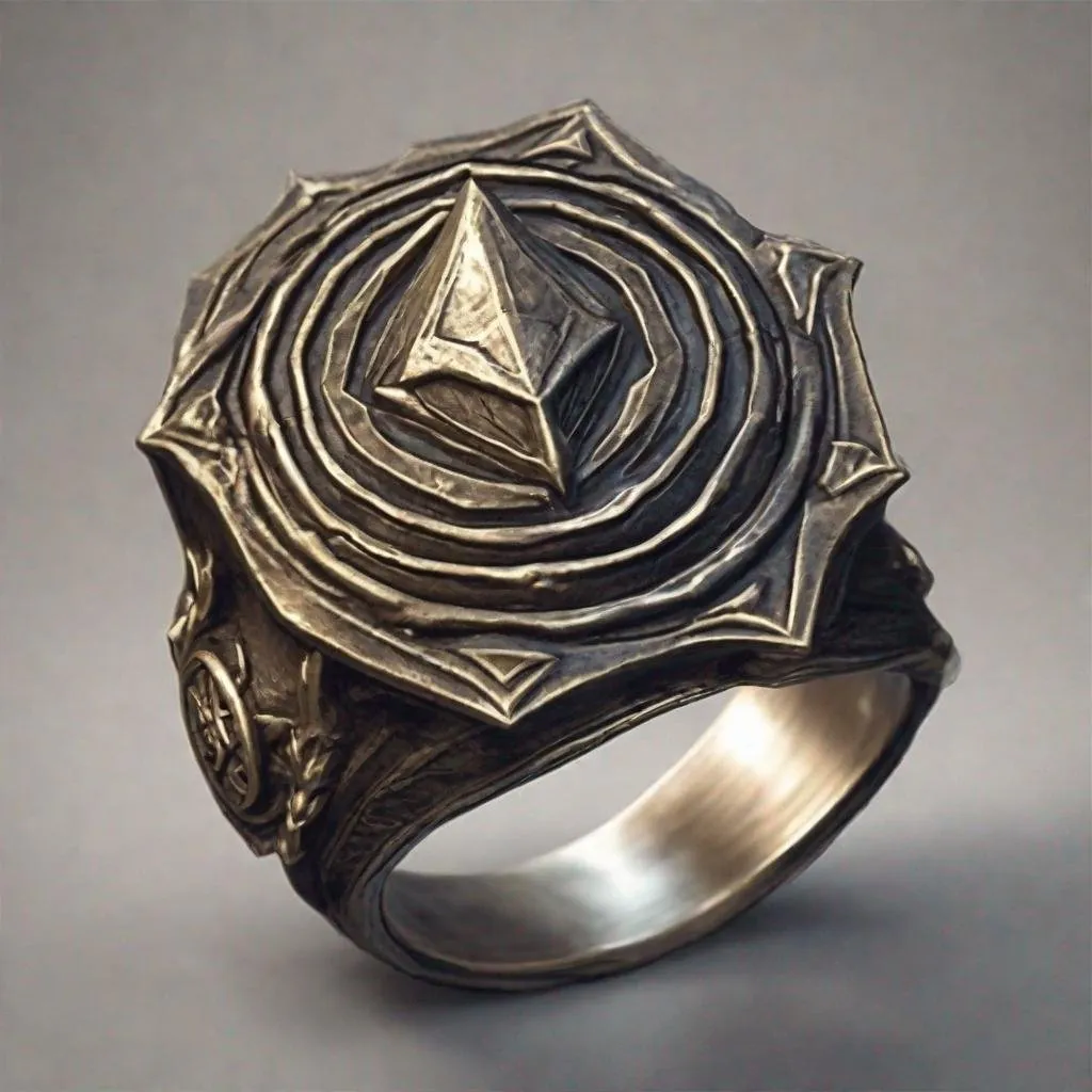 Prompt: a dungeons and dragons item style image of: magic ring with depiction that looks like a shield of arcane
