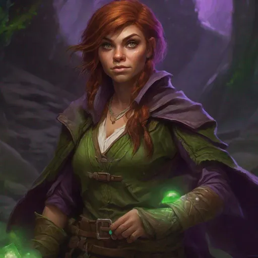 Prompt: Halfling, auburn colored hair, Female, small, olive skin, green and brown leather clothes, Sorceress, arcane, purple eyes, Halfling from dungeons and dragons, photoshop painting in the art style of Johannes Voss a masterpiece, 8k resolution, dark fantasy concept art, by Greg Rutkowski, dynamic lighting, hyperdetailed, intricately detailed, Splash screen art, trending on Artstation, deep color, Unreal Engine, volumetric lighting