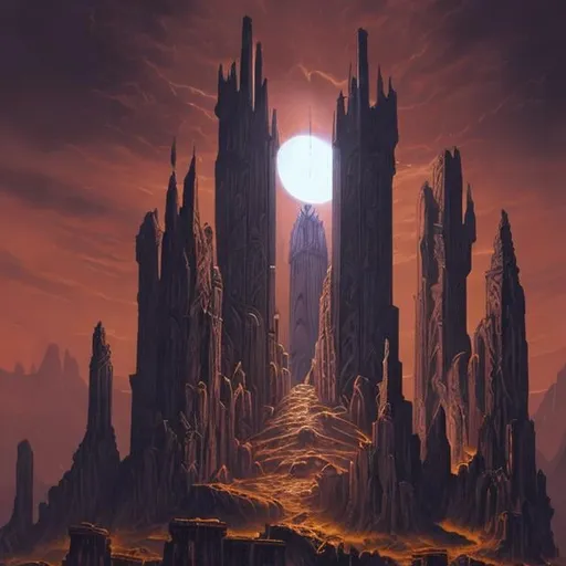 Prompt:  Illustration of one of the Twin Towers of the Eternal Eclipse from the Forgotten Realms, similar to classic Dungeons & Dragons handbooks. The tower reaches high into a sky that is filled with the drama of an eternal eclipse, its stone facade adorned with ancient, arcane symbols and signs of weathering from countless years. The landscape surrounding the tower features stark, craggy mountains, suggesting its remote and inaccessible nature. Magical energies seem to shimmer in the air around the tower, and the sky is detailed with fine lines and cross-hatching, enhancing the surreal and timeless effect of the eclipse lighting.