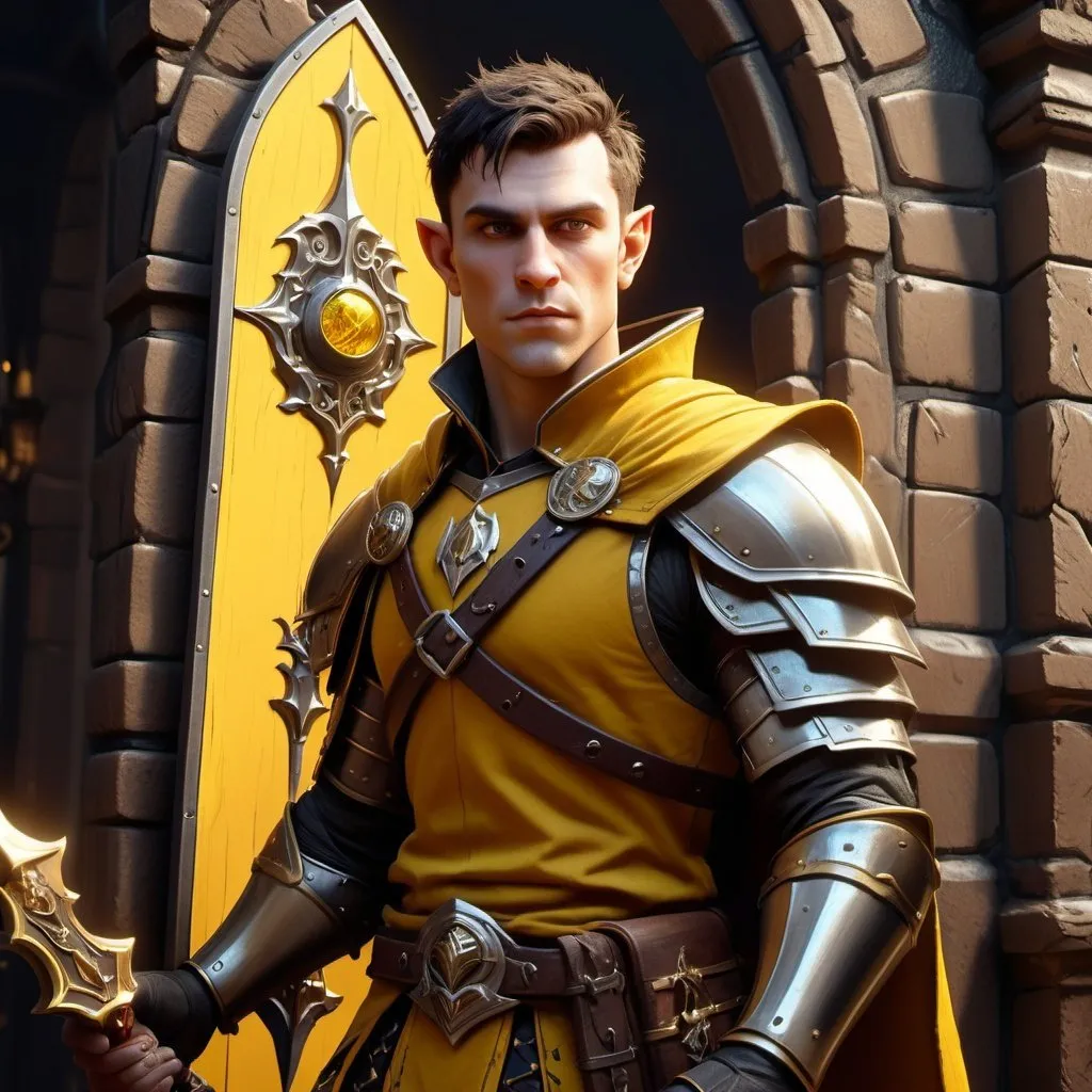 Prompt: Male half-elf city guard from dungeons and dragons, wearing armor with ornaments in yellow and black colors, holding big metal square shaped transom shield, photoshop painting in the art style of Johaness Vess a masterpiece, 8k resolution, dark fantasy concept art, by Greg Rutkowski, dynamic lighting, hyperdetailed, intricately detailed, Splash screen art, trending on Artstation, deep color, Unreal Engine, volumetric lighting