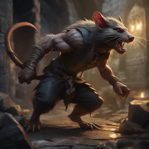 Prompt: Feral wererat from dungeons and dragons, strong physique, sharp claws, photoshop painting in the art style of Johaness Vess a masterpiece, 8k resolution, dark fantasy concept art, by Greg Rutkowski, dynamic lighting, hyperdetailed, intricately detailed, Splash screen art, trending on Artstation, deep color, Unreal Engine, volumetric lighting