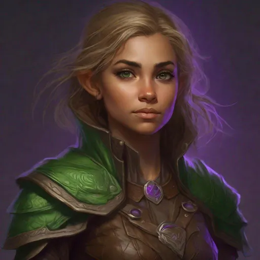 Prompt: Halfling, dark-blonde Female, small, olive skin, green and brown leather clothes, Druidess, nature, purple eyes, Halfling from dungeons and dragons, leather armor, photoshop painting in the art style of charlie bowater a masterpiece, 8k resolution, dark fantasy concept art, by Greg Rutkowski, dynamic lighting, hyperdetailed, intricately detailed, Splash screen art, trending on Artstation, deep color, Unreal Engine, volumetric lighting