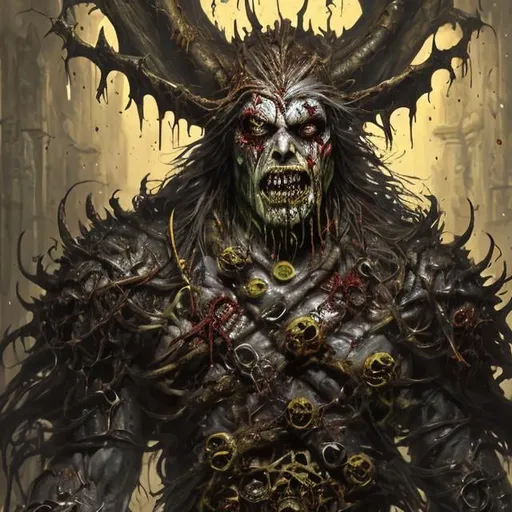 Prompt: Male zombie from dungeons and dragons, massacred face,  wearing armor with ornaments in yellow and black colors, photoshop painting in the art style of Johaness Vess a masterpiece, 8k resolution, dark fantasy concept art, by Greg Rutkowski, dynamic lighting, hyperdetailed, intricately detailed, Splash screen art, trending on Artstation, deep color, Unreal Engine, volumetric lighting