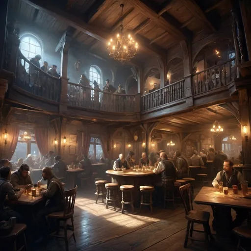 Prompt: Hyperrealistic fantasy interior of nice four-story tavern, full of people, detailed fantasy background, hyperdetailed, bright lightning; by Kim Keever Antoine Collignon Wadim Kashin Tim Burton Peter Mohrbacher, realism; incredible composition; dynamic_lighting; meticulously composed concept art, fascinating_stars, masterpiece, mystic fog, digital illustration, Reflections, cell-shaded, Volumetric_lighting"