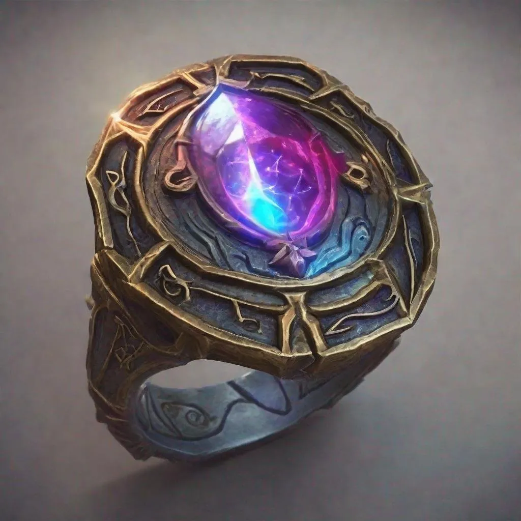 Prompt: a dungeons and dragons item style image of: Colorfull magic ring with depiction that looks like a shield of arcane