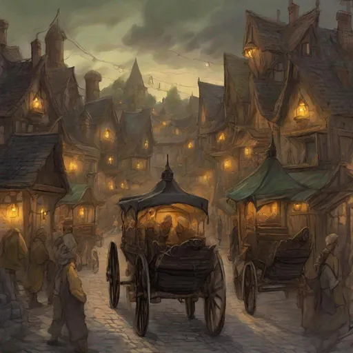 Prompt: Depict Center of village, with roads full of carriages filled with goods. Triboar from Forgotten Realms. Medium: Digital painting. Style: Light and moody, reminiscent of classic fantasy tales. . Colors: Deep browns, grays, and greens, with occasional bursts of yellow and orange from the lanterns. Composition: The town is bustling with activity, with shadowy figures moving stealthily in the narrow alleys. The roads are filled with carriages. In the foreground, a group of PCs is being cornered by a gang of pirates,  The architecture is a mix of ramshackle wooden buildings and more sturdy stone structures, showing the town's evolution from a simple village