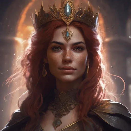 Prompt: female queen human from dungeons and dragons, kind face, with freckels, magic spell, photoshop painting in the art style of charlie bowater a masterpiece, 8k resolution, dark fantasy concept art, by Greg Rutkowski, dynamic lighting, hyperdetailed, intricately detailed, Splash screen art, trending on Artstation, deep color, Unreal Engine, volumetric lighting