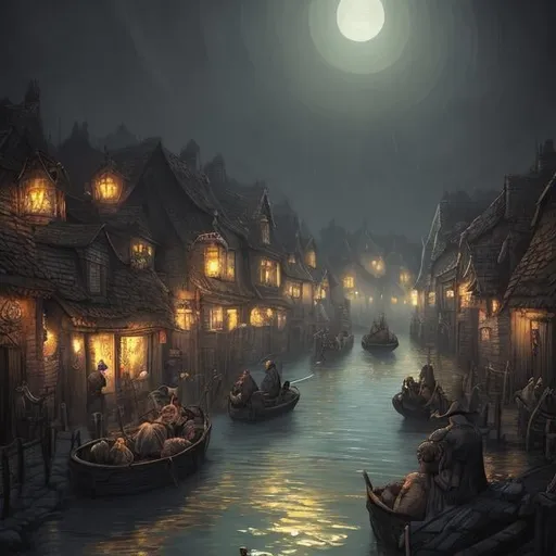 Prompt: Depict Center of village, with roads full of carriages filled with goods. Triboar from Forgotten Realms. Medium: Digital painting. Style: Dark and moody, reminiscent of classic pirate tales. Lighting: The dim glow of lanterns from the taverns and the pale moonlight reflecting off the water. Colors: Deep blues, grays, and blacks, with occasional bursts of yellow and orange from the lanterns. Composition: The town is bustling with activity, with shadowy figures moving stealthily in the narrow alleys. The roads are filled with carriages. In the foreground, a group of PCs is being cornered by a gang of pirates,  The architecture is a mix of ramshackle wooden buildings and more sturdy stone structures, showing the town's evolution from a simple village