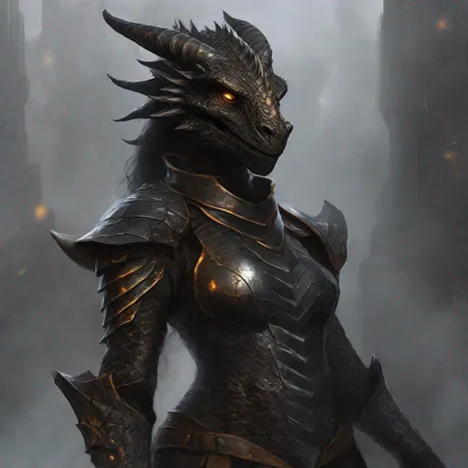 Prompt: dracon humanoid woman, black, foreboding colors, hyper – realistic humanoid beautiful black dragonborn with snout from dungeons and dragons, illustrations, glistening, energy – filled illustrations, in fantasy armor, dark gray and dark amber, mystical portraits