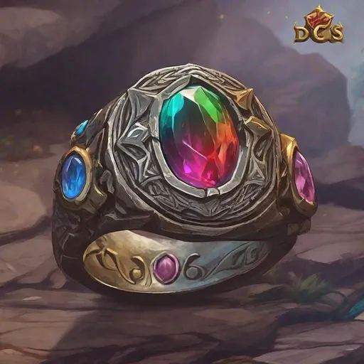 Prompt: a dungeons and dragons item style image of: Colorfull magic ring with depiction that looks like a shield of arcane