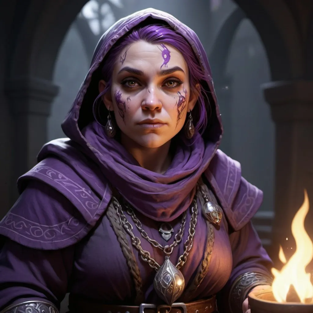 Prompt: cultist female dwarf from dungeons and dragons, beard, full of scars, burned face, wearing robes with small violet ornaments,  photoshop painting in the art style of Johaness Vess a masterpiece, 8k resolution, dark fantasy concept art, by Greg Rutkowski, dynamic lighting, hyperdetailed, intricately detailed, Splash screen art, trending on Artstation, deep color, Unreal Engine, volumetric lighting