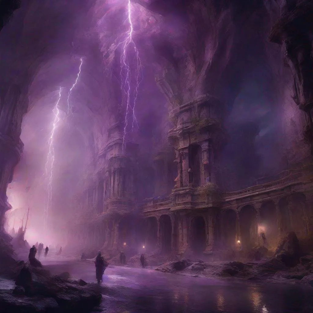 Prompt: Hyperrealistic mysterious underground cities : particles flying around, detailed fantasy background, hyperdetailed, violet lightning; by Kim Keever Antoine Collignon Wadim Kashin Tim Burton Peter Mohrbacher, realism; incredible composition; dynamic_lighting; meticulously composed concept art, fascinating_stars, masterpiece, mystic fog, digital illustration, Reflections, cell-shaded, Volumetric_lighting"