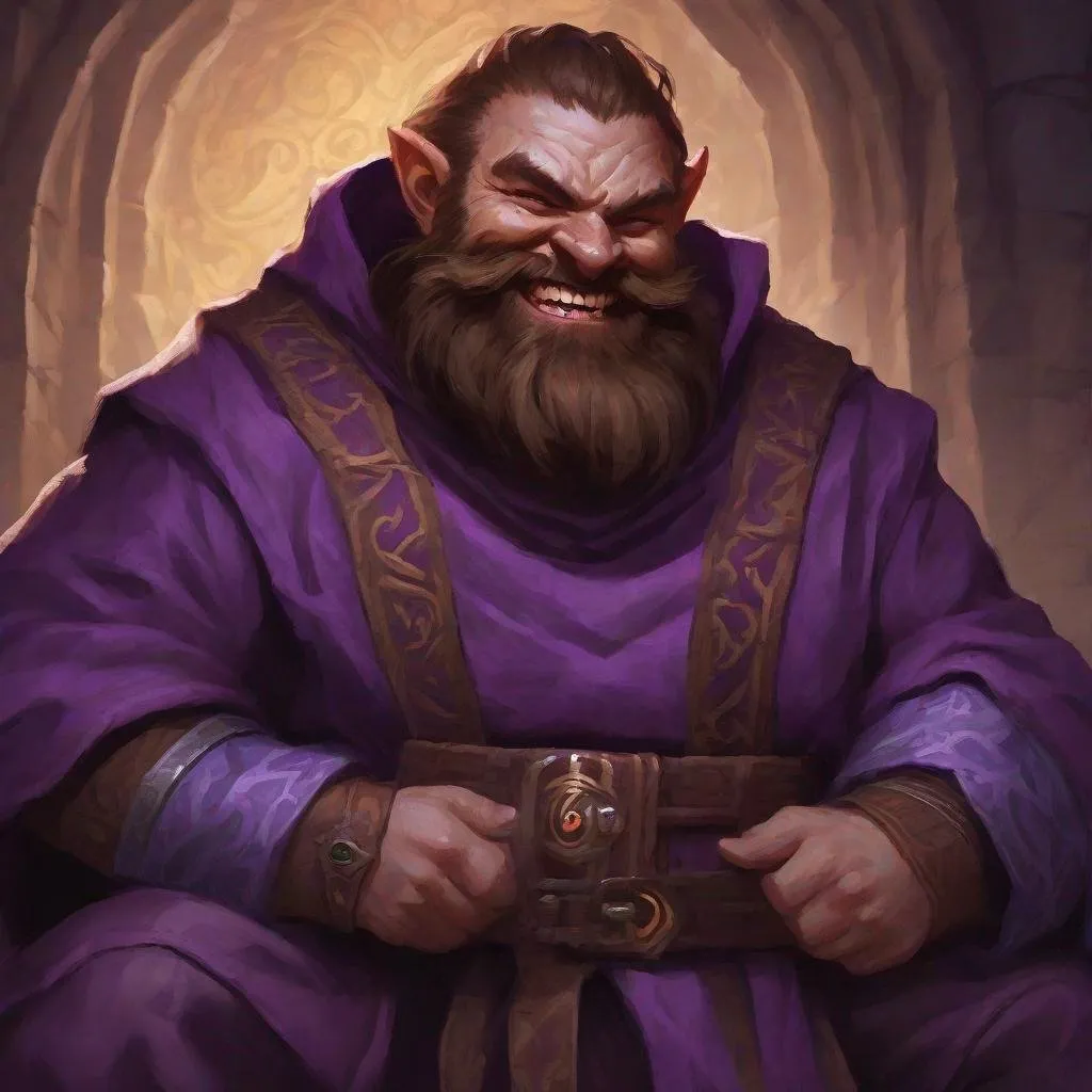 Prompt: cultist male dwarf from dungeons and dragons, feminine face, brown hair, brown beard, full of scars, laughing like a maniac, madness, wearing robes with small violet ornaments,  photoshop painting in the art style of Johaness Vess a masterpiece, 8k resolution, dark fantasy concept art, by Greg Rutkowski, dynamic lighting, hyperdetailed, intricately detailed, Splash screen art, trending on Artstation, deep color, Unreal Engine, volumetric lighting