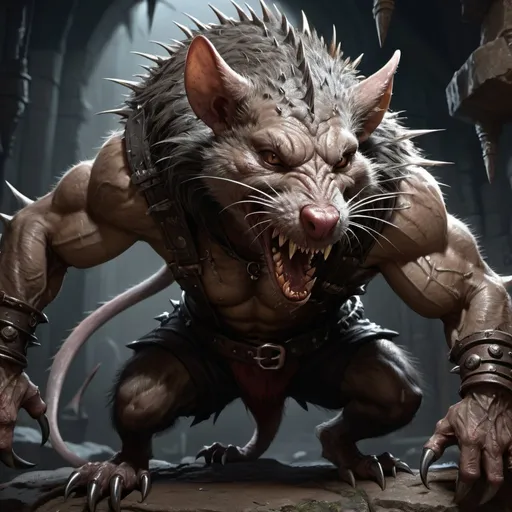 Prompt: Feral wererat from dungeons and dragons, strong physique, covered in spikes, sharp claws, photoshop painting in the art style of Johaness Vess a masterpiece, 8k resolution, dark fantasy concept art, by Greg Rutkowski, dynamic lighting, hyperdetailed, intricately detailed, Splash screen art, trending on Artstation, deep color, Unreal Engine, volumetric lighting