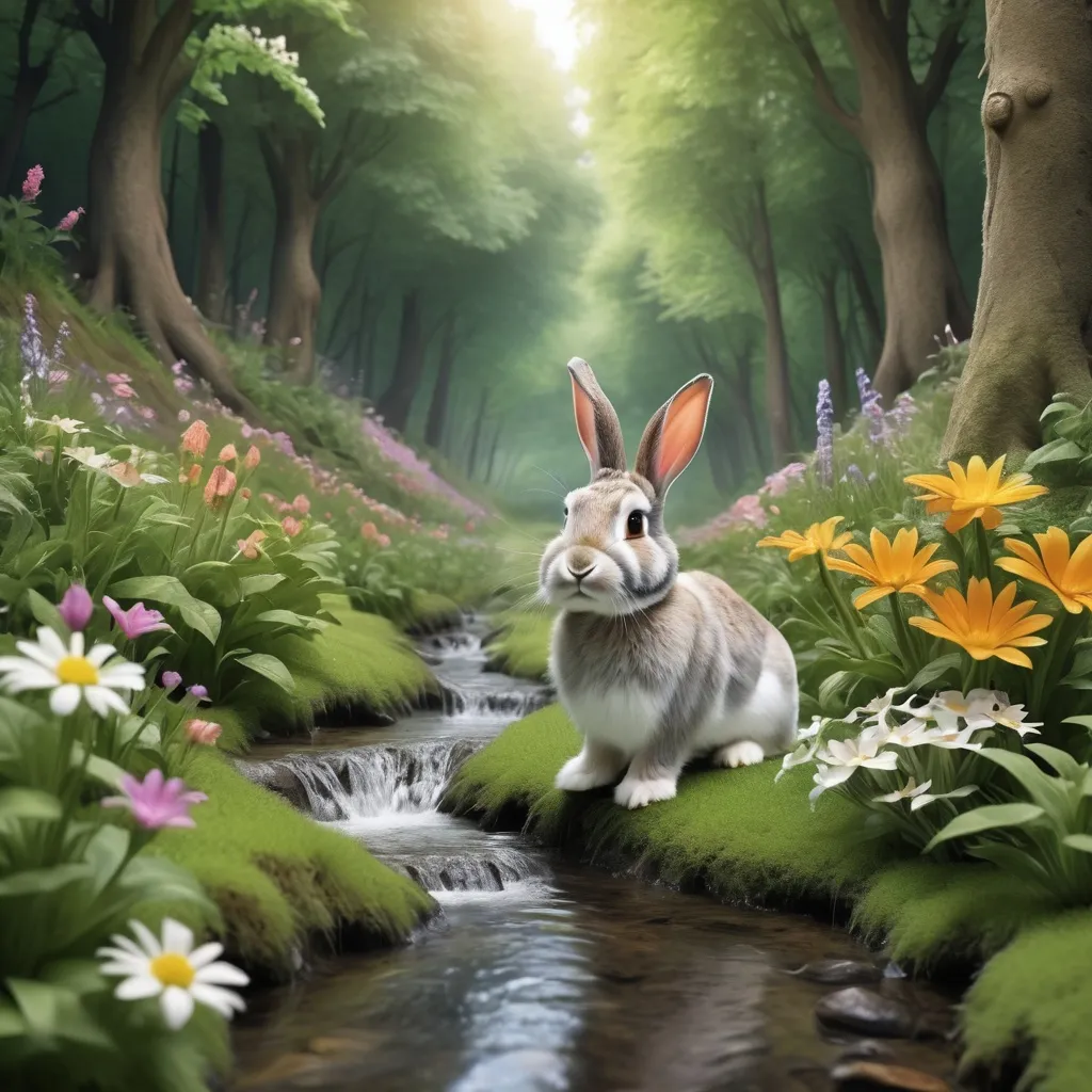 Prompt: In the forest, there is a rabbit is walking along a stream with a lot of flower