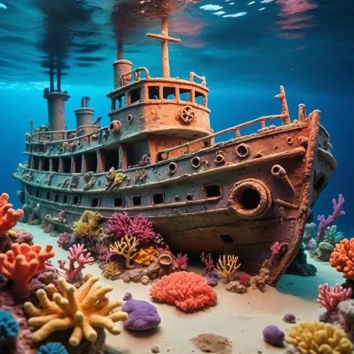 Prompt: Claymation underwater scene of a sunken ship by a vibrant coral reef, soft clay textures, detailed marine life, underwater lighting, artistic, colorful, claymation, vibrant coral reef, sunken ship, marine life, soft clay textures, underwater lighting, detailed, artistic