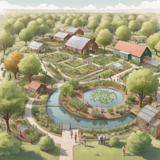 Prompt: eye level perspective of a regenerative permaculture farm that includes ponds, food forests, and small greenhouses and barns, parks and playgrounds, show people walking along paths amidst fruit trees, bushes, fences, buildings and ponds, make sure to zoom in at eye level and do not show an aerial view