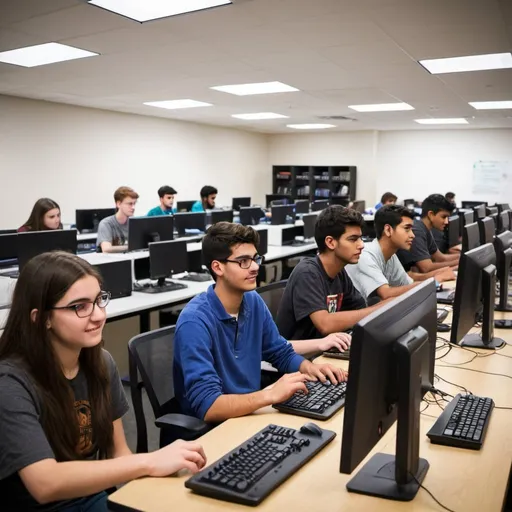 Prompt: college computer lab with students
