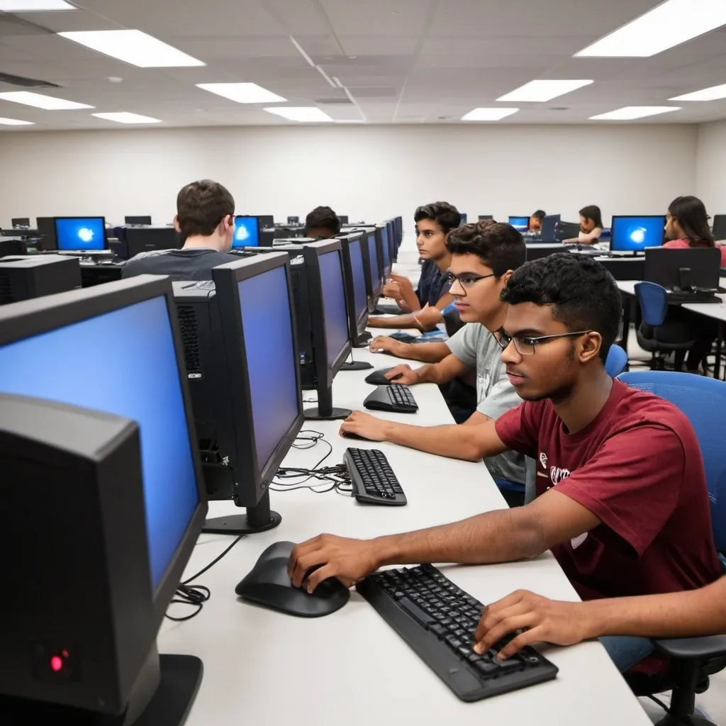 Prompt: college computer lab with students
