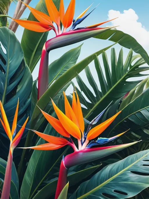 Prompt: a bird of paradise plant with large leaves and flowers in the background with a blue sky in the background, Boetius Adamsz Bolswert, maximalism, plants, a picture