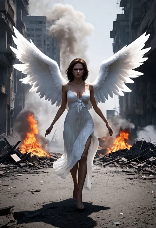 Prompt: graceful female angel, large white wings spread, very detailed beautiful face, perfect beautiful detailed eyes, city at armageddon, sad, intricate white dress, walking, street, destroyed buildings, dark sky, active fires in background, volumetric fog, subsurface scattering, ambient occlusion, post apocalyptic, ruins of war, fire, smoke