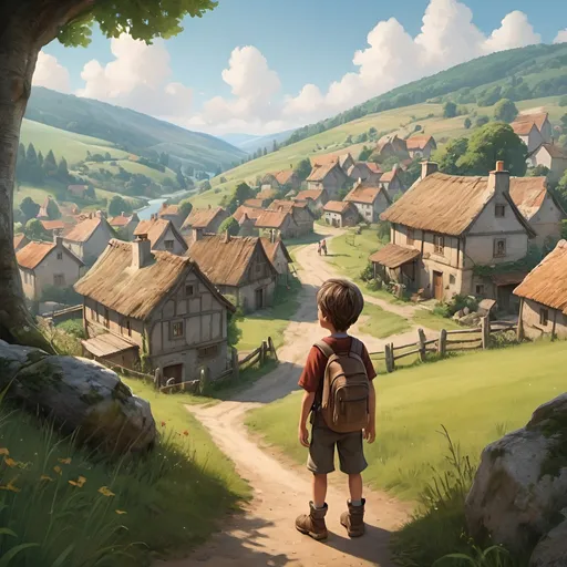 Prompt: A small, picturesque village nestled between rolling hills and ancient forests, with a curious and adventurous boy named Lucas standing in the foreground.