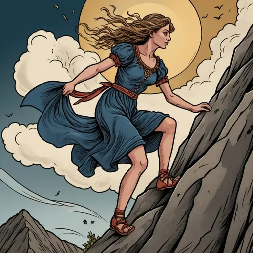 Prompt: tarot card illustration, a female  climbs up a steep slope, strong wind blows down
