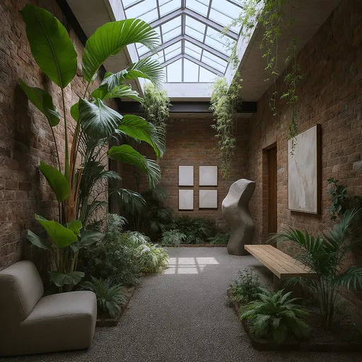 Prompt: An inviting, modern courtyard unfolds, showcasing a blend of natural and artistic elements beneath a soaring roof that allows light to stream in. Lush green plants, including tall palms and smaller leafy varieties, create a vibrant contrast against the rustic, exposed brick walls. A striking sculpture, resembling a large, organic shape, serves as a focal point near a sleek wooden bench, while artistic pieces adorn the walls, adding an eclectic flair. Subtle lighting accentuates the textures and colors, imparting a warm yet contemporary atmosphere that invites exploration and relaxation. The overall mood balances tranquility and sophistication, a harmonious fusion of nature and creativity.