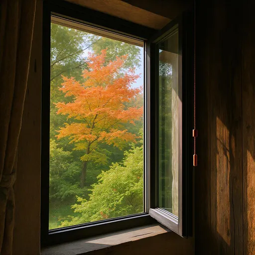 Prompt: A partially open window frames a vibrant view of lush greenery outside, including trees with bright orange leaves that add a splash of color against the rich foliage. The scene captures a serene indoor atmosphere where sunlight filters through the glass, reflecting the bright colors of nature. The window’s sleek design contrasts with the rustic wooden wall beside it, emphasizing the blend of modern and traditional elements in the space. A copper rod protrudes into view, possibly supporting a curtain or shade, reinforcing the cozy, lived-in feel. The overall composition conveys a sense of tranquility and connection to the natural world just beyond the glass.
