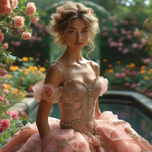Prompt: PROMPT 

A glamorous woman in a lush garden wears an extravagant ball gown in shades of rose, blush, and ivory. The gown is adorned with intricate embroidery, sparkling jewels, and delicate floral details. She stands gracefully by a reflecting pool, surrounded by manicured hedges and blooming flowers. Airbrush oil painting

If you share, use my share button please, if you're happy and you know it hit a like Or comment to show it 🥰✌️