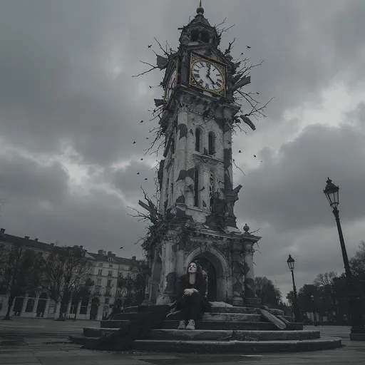 Prompt: “Una torre de reloj antigua y rota se alza en el centro de una plaza vacía y silenciosa. El reloj está detenido y agrietado, como si el tiempo se hubiera maldecido en ese lugar. Las palomas vuelan alrededor pero ninguna se posa sobre la torre. En la base de la estructura, una mujer joven de cabello largo y oscuro está sentada sobre los escalones de piedra, con la mirada elevada hacia el cielo. Sus ojos brillan con lágrimas contenidas que nunca caen por su rostro. La escena transmite una atmósfera de melancolía y misterio, con una luz grisácea que hace que todo parezca detenido en un momento eterno.”