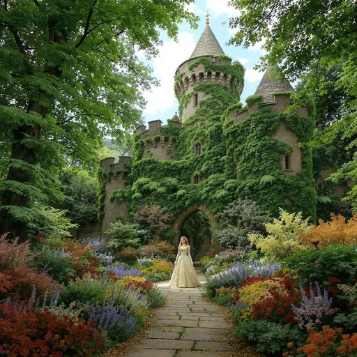Prompt: Un castillo medieval con hiedras helechos , muchas flores de muchos colores y una princesa preciosa con ropas lindísimas y bellísimos árboles muy frondosos 