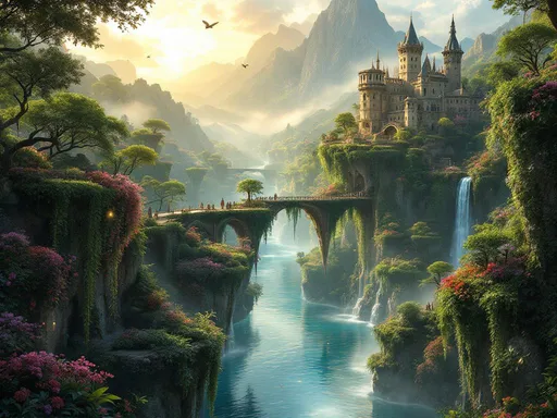 Prompt: Prompt superépico de fantasía paradisíaca:
"Paisaje de fantasía de ensueño, ultra detallado y cinematográfico, lleno de profundidad y movimiento. Jardines flotantes en múltiples niveles, cubiertos de flores exóticas de colores intensos y enredaderas colgantes que caen como cortinas naturales. Puentes de piedra suspendidos conectan islotes verdes, acantilados suaves y jardines colgantes adicionales, formando un laberinto de caminos sobre un río cristalino que serpentea, reflejando la luz dorada del atardecer y destellos de turquesa y esmeralda. Montañas majestuosas al fondo con cascadas brillantes y niebla ligera que añade misterio y sensación de infinito. Un castillo antiguo cubierto de hiedra se alza entre colinas verdes y árboles frondosos, rodeado de fuentes, lagos pequeños y jardines adicionales que parecen flotar en el aire. Reflejos de luz en el agua y entre hojas crean un efecto casi mágico y vibrante. Aves vuelan suavemente entre la vegetación. Todo el escenario transmite paz, asombro y emoción pura, como un paraíso vivo y cinematográfico, donde cada detalle invita a perderse, soñar y explorar este mundo perfecto y maravilloso, como si fuera un sueño interminable."